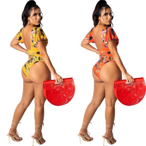 Trendy Sleeveless Backless Printing Deep V Sexy Women Swimwear