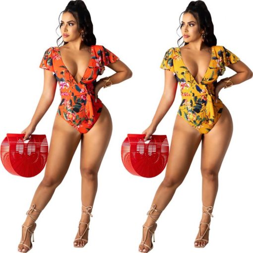 Trendy Sleeveless Backless Printing Deep V Sexy Women Swimwear - Image 4