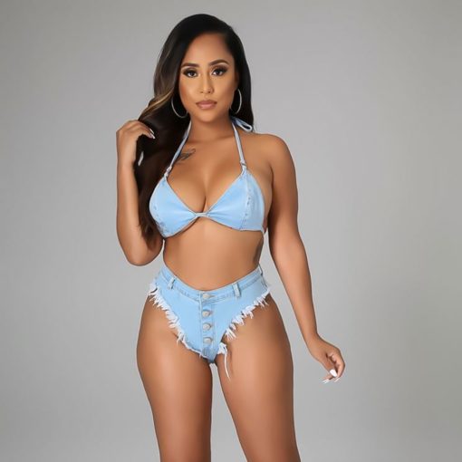 Sexy Halter Two Pieces Thong Denim Bikini Set