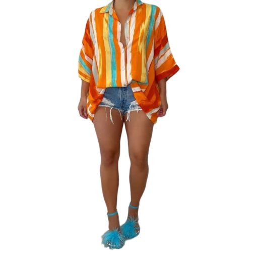 Sexy front short back long fashion casual colorful stripes loose shirt