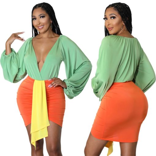 SkinBodyU 2 Piece Set Women Amazon Fashion sexy color block jumpsuit skirt suit two piece set