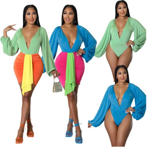 SkinBodyU 2 Piece Set Women Amazon Fashion sexy color block jumpsuit skirt suit two piece set - Image 6