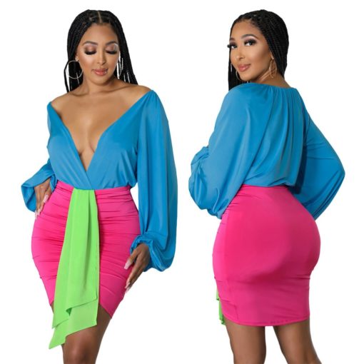 SkinBodyU 2 Piece Set Women Amazon Fashion sexy color block jumpsuit skirt suit two piece set - Image 2