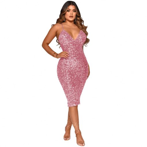 SkinBodyU Casual Dress new pure color sequins sexy V neck brace midi dress for women - Image 5