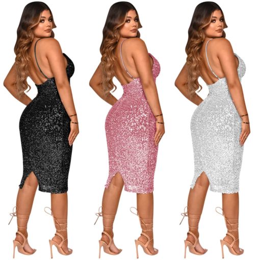 SkinBodyU Casual Dress new pure color sequins sexy V neck brace midi dress for women - Image 4