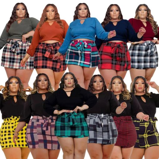 SkinBodyU Women Clothing large-sized fashion for women Plaid culottes two piece set