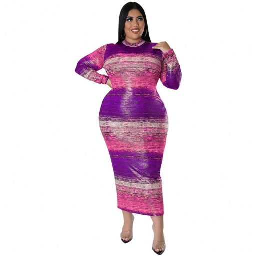 SkinBodyU Plus Size Dress long sleeve horizontal stripe dress - Image 4