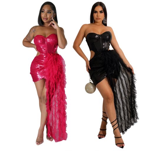 SkinBodyU Plus size dress Sexy sleeveless breast mesh stitching bag hip skirt party sequin dress - Image 6