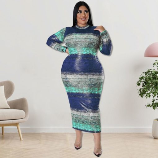 SkinBodyU Plus Size Dress long sleeve horizontal stripe dress