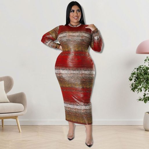 SkinBodyU Plus Size Dress long sleeve horizontal stripe dress - Image 2