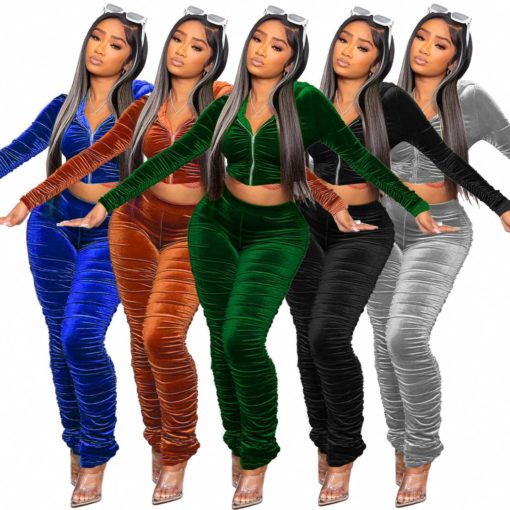 SkinBodyU Two-piece set women's clothing hooded velvet long sleeve pleated pile pants - Image 5