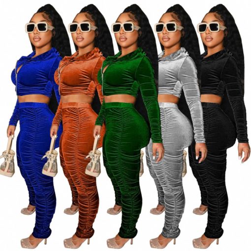 SkinBodyU Two-piece set women's clothing hooded velvet long sleeve pleated pile pants - Image 2